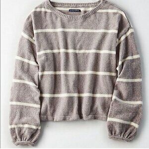 American Eagle Gray/White Stripe Chenille Cropped Sweater